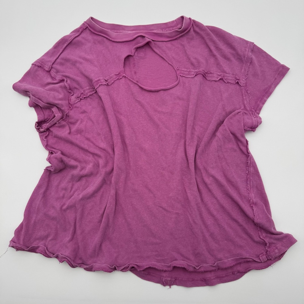 We The Free Free People Magenta Purple Cutout Raw Seam Cotton T-Shirt XS